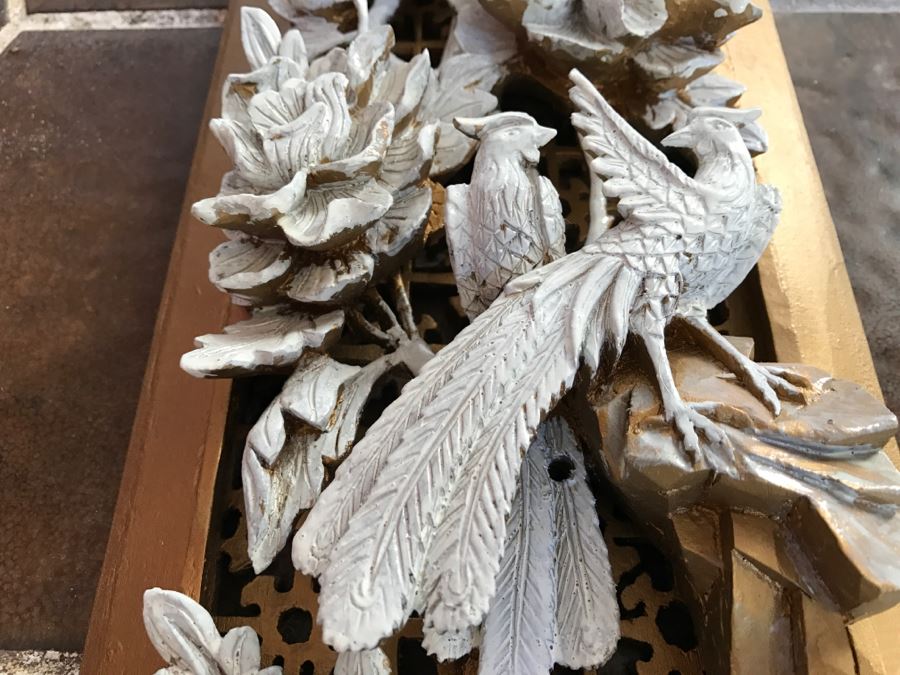 JUST ADDED - Heavily Carved High Relief Wooden Asian Sculpture Painted White With Wooden Frame Floral And Bird Motif [Photo 2]