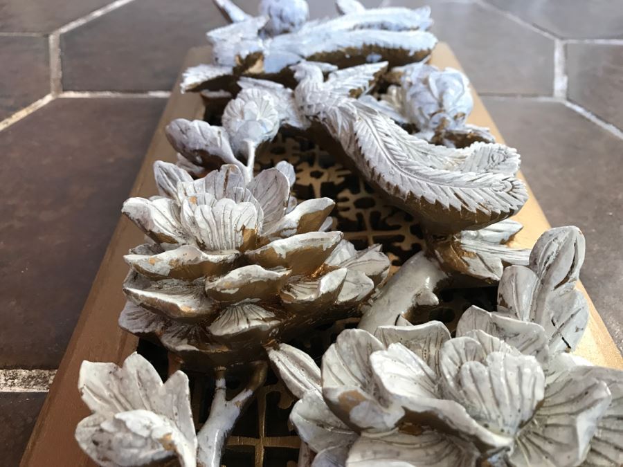 JUST ADDED - Heavily Carved High Relief Wooden Asian Sculpture Painted White With Wooden Frame Floral And Bird Motif [Photo 14]