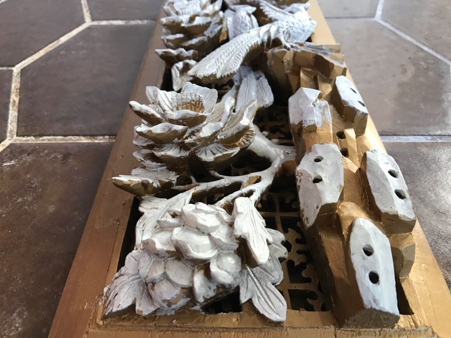 JUST ADDED - Heavily Carved High Relief Wooden Asian Sculpture Painted White With Wooden Frame Floral And Bird Motif [Photo 10]