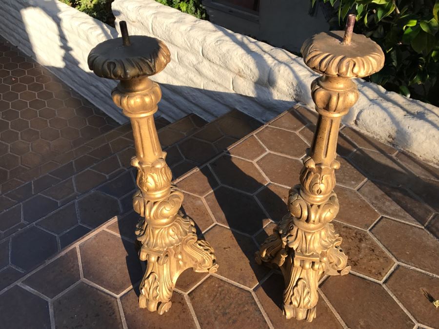 JUST ADDED - Pair Of Tall Gold Plaster Lamp Bases / Candle Holders [Photo 3]