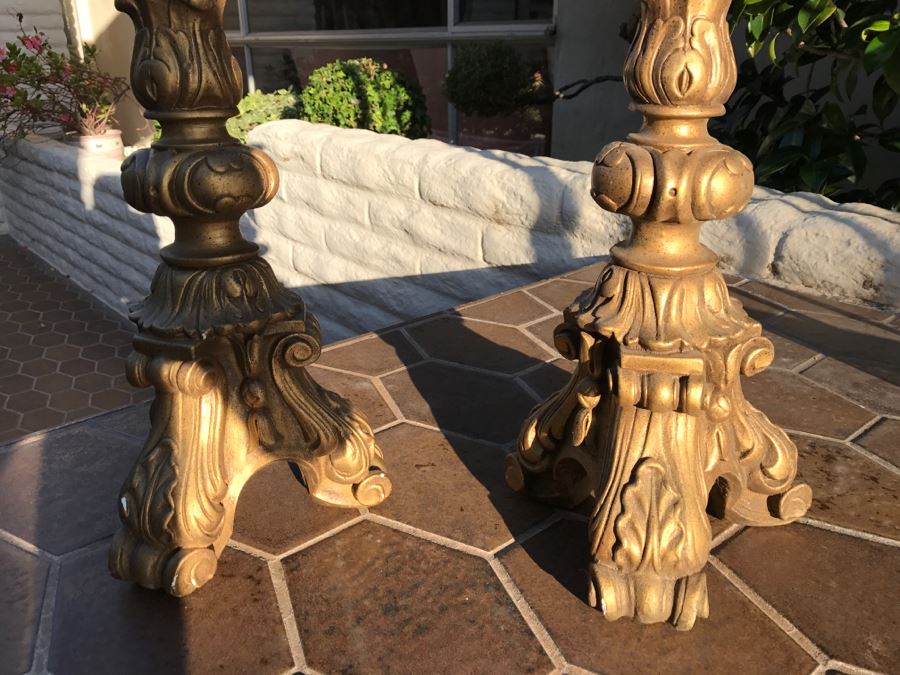 JUST ADDED - Pair Of Tall Gold Plaster Lamp Bases / Candle Holders [Photo 4]