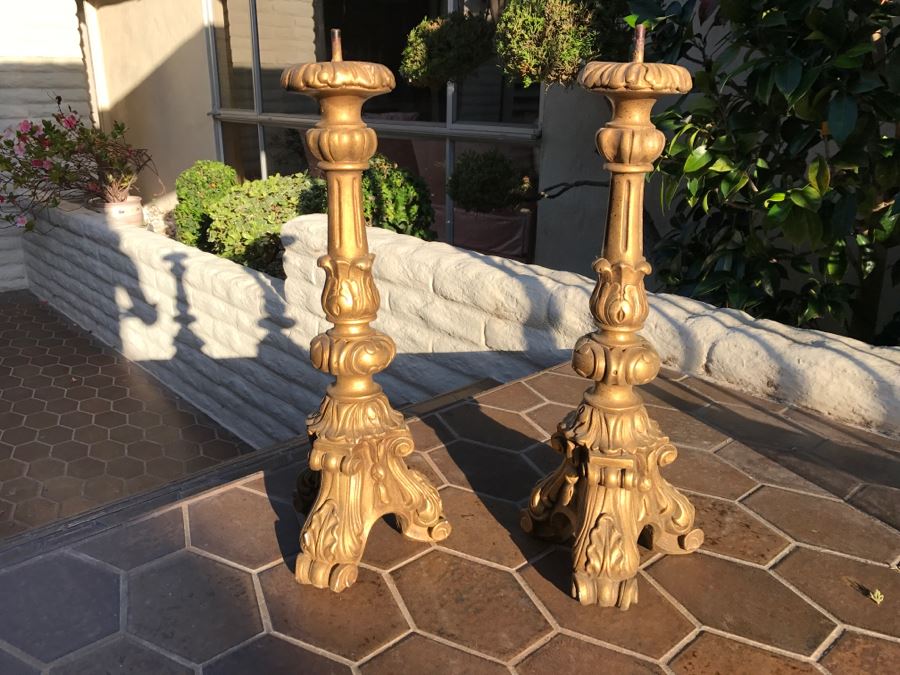 JUST ADDED - Pair Of Tall Gold Plaster Lamp Bases / Candle Holders