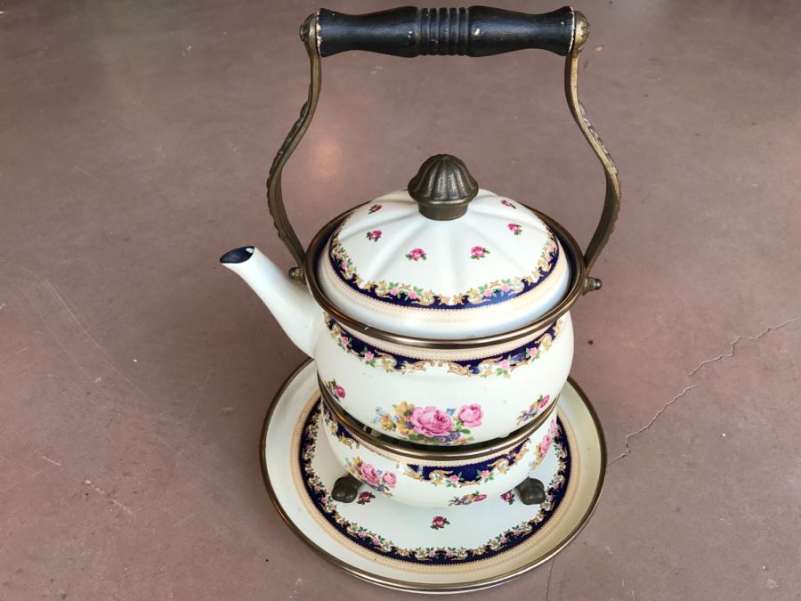 JUST ADDED - ASTA Enamel Cookware Teapot With Burner And Plate Made In West Germany By Fissler