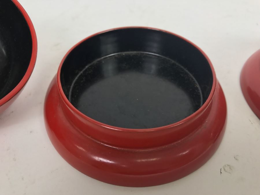 Pair Of Vintage Chinese Lacquer Wooden Red Dome Shaped Lidded Box [Photo 6]