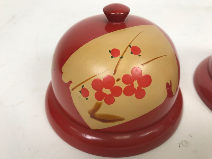 Pair Of Vintage Chinese Lacquer Wooden Red Dome Shaped Lidded Box [Photo 5]