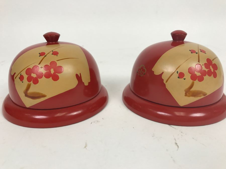 Pair Of Vintage Chinese Lacquer Wooden Red Dome Shaped Lidded Box [Photo 1]