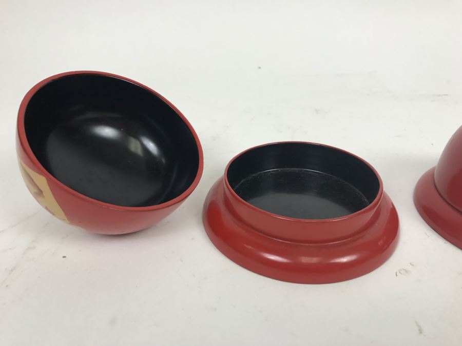 Pair Of Vintage Chinese Lacquer Wooden Red Dome Shaped Lidded Box [Photo 2]