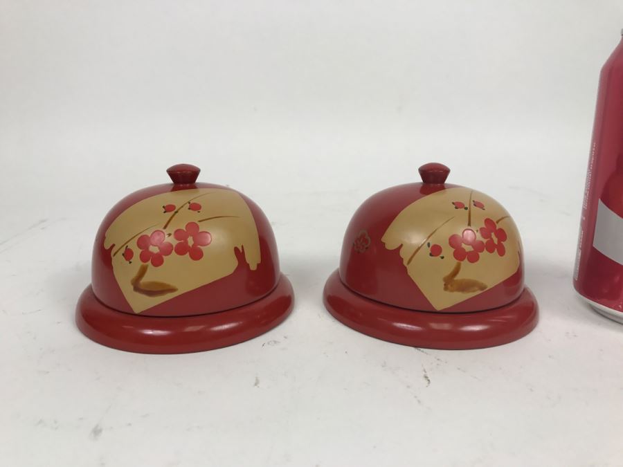 Pair Of Vintage Chinese Lacquer Wooden Red Dome Shaped Lidded Box [Photo 4]