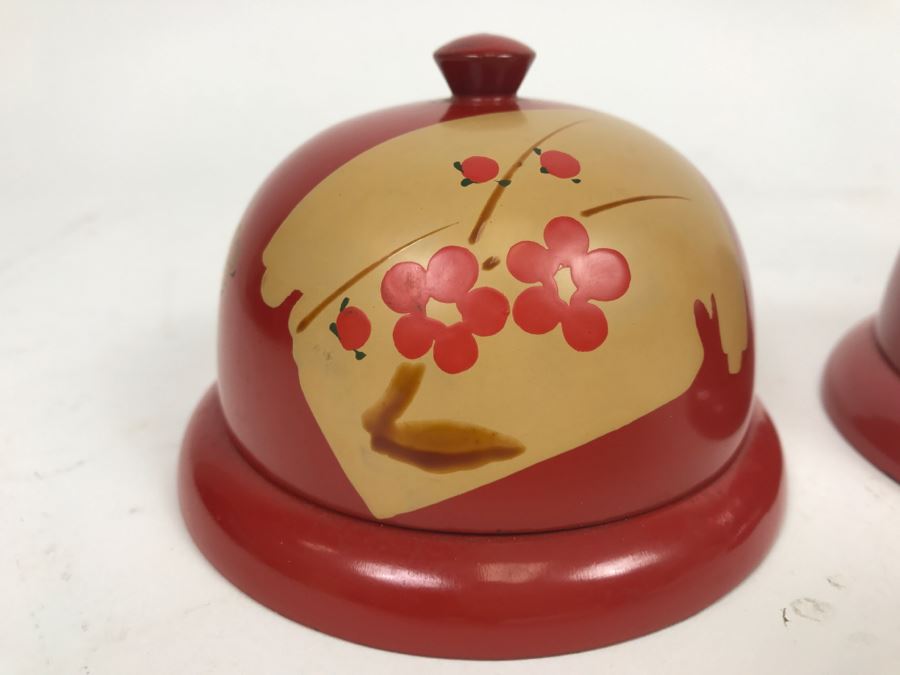 Pair Of Vintage Chinese Lacquer Wooden Red Dome Shaped Lidded Box [Photo 3]