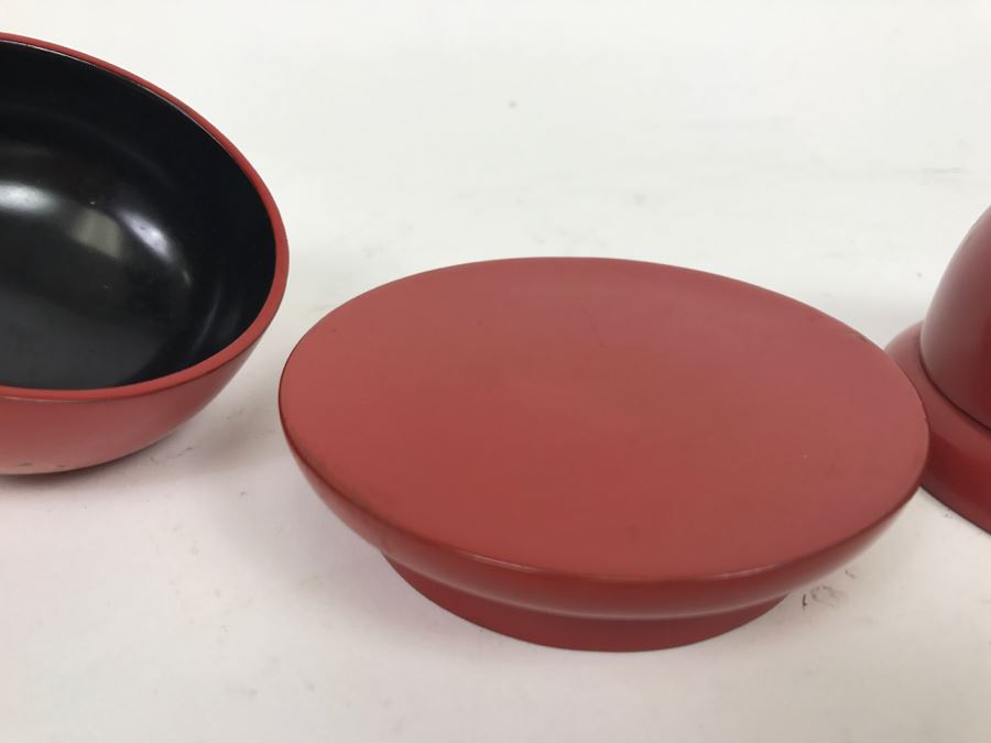 Pair Of Vintage Chinese Lacquer Wooden Red Dome Shaped Lidded Box [Photo 7]