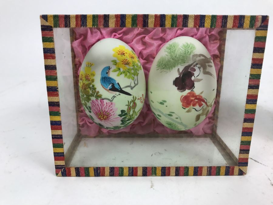 Vintage Asian Hand Painted Eggs In Glass Presentation Box With Original Box