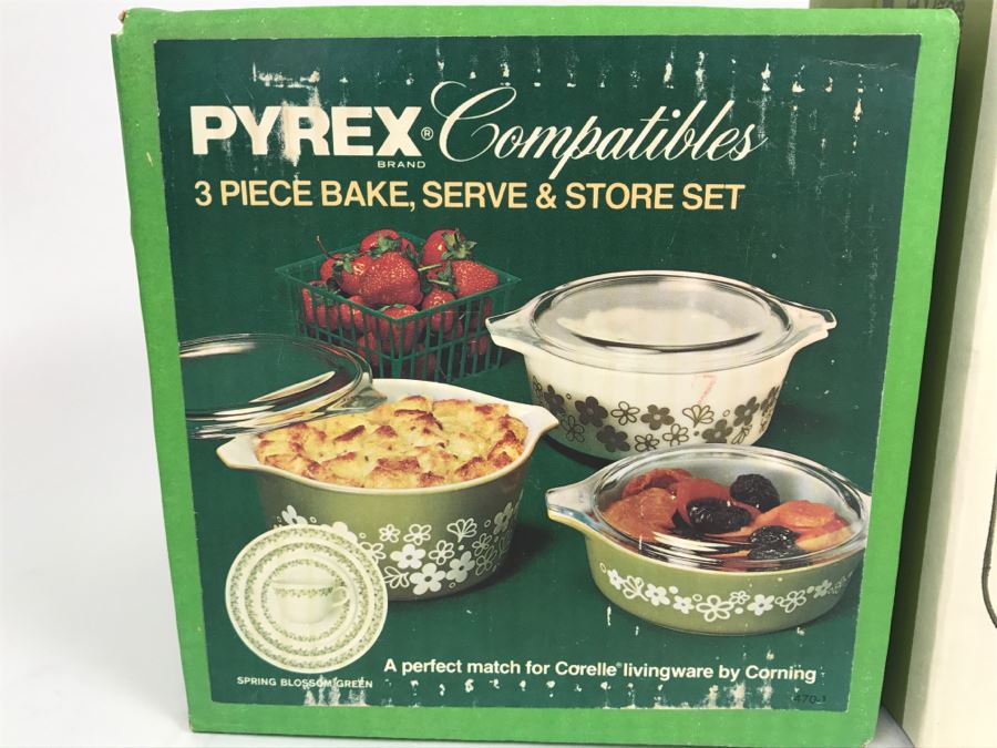 RARE (2) New In Boxes PYREX Spring Blossom Green 3-Piece Sets [Photo 3]