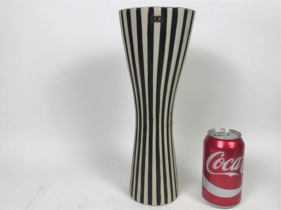 Stunning Tall Black And White Asian Art Pottery Signed Vase