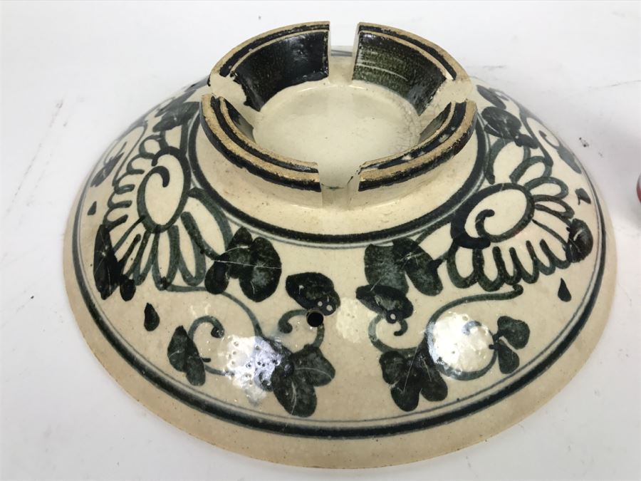 Vintage Footed Asian Stoneware Bowl With Drip Hole