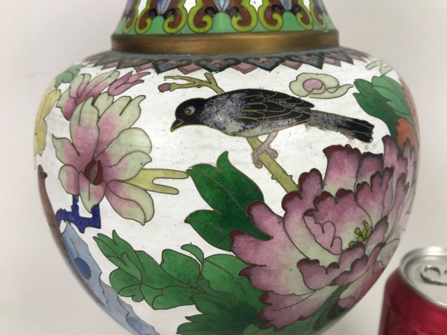 Large Vintage Chinese Cloisonne Vase With Wooden Stand [Photo 4]