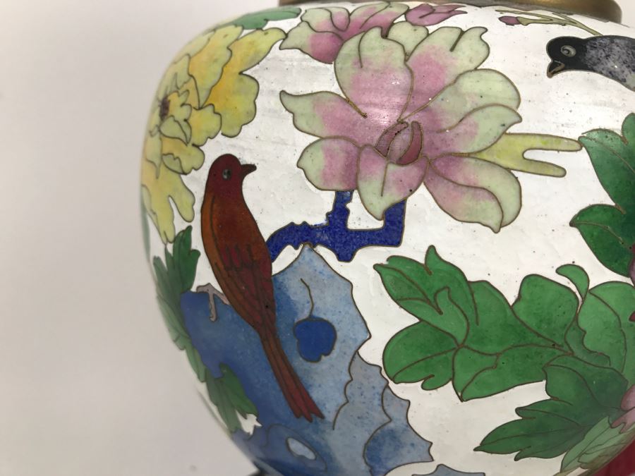 Large Vintage Chinese Cloisonne Vase With Wooden Stand [Photo 6]