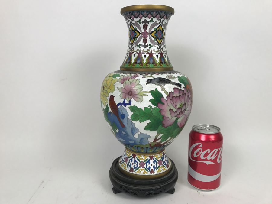 Large Vintage Chinese Cloisonne Vase With Wooden Stand