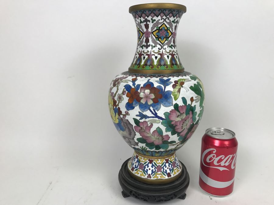 Large Vintage Chinese Cloisonne Vase With Wooden Stand [Photo 10]