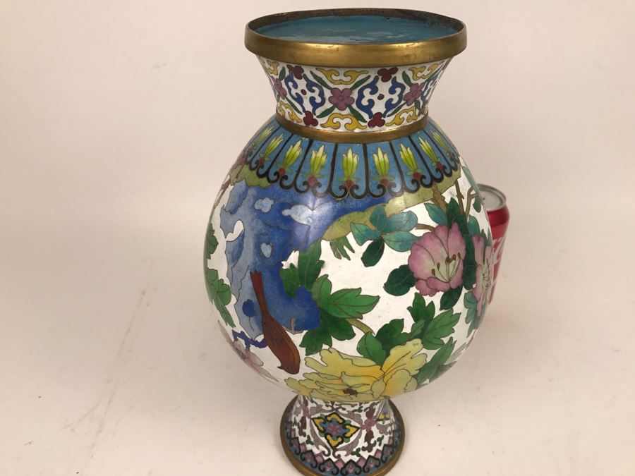 Large Vintage Chinese Cloisonne Vase With Wooden Stand [Photo 16]