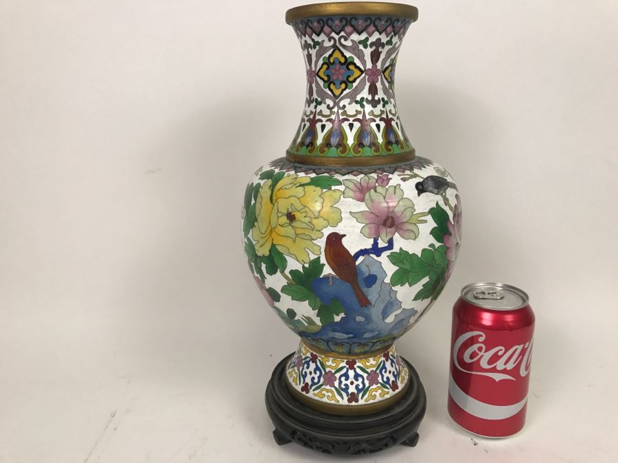 Large Vintage Chinese Cloisonne Vase With Wooden Stand [Photo 13]