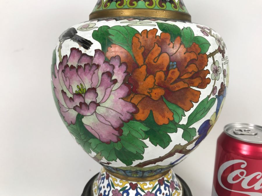 Large Vintage Chinese Cloisonne Vase With Wooden Stand [Photo 2]