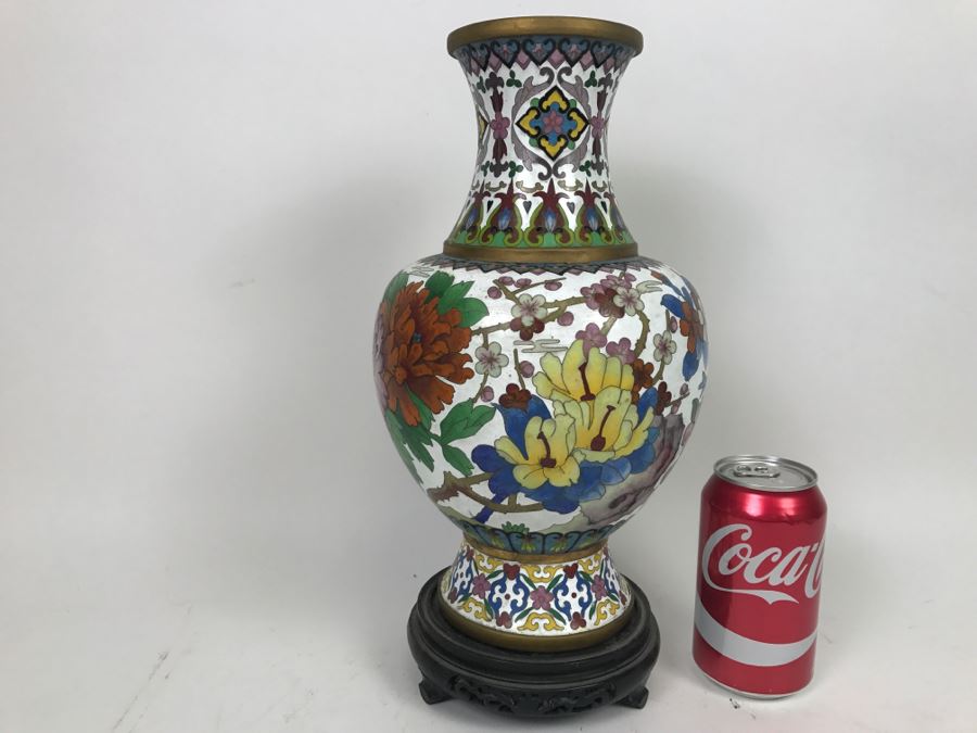 Large Vintage Chinese Cloisonne Vase With Wooden Stand [Photo 9]
