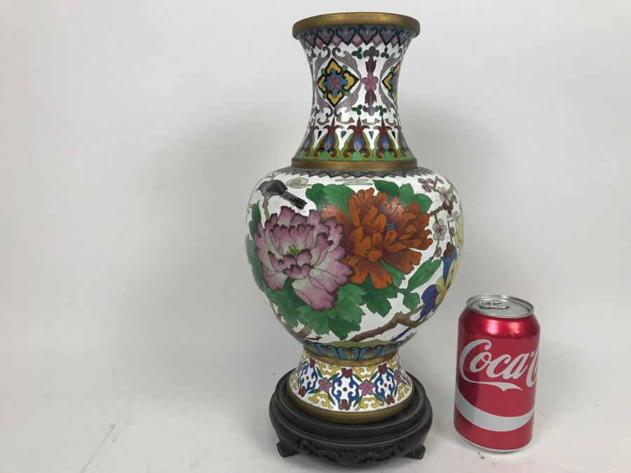 Large Vintage Chinese Cloisonne Vase With Wooden Stand [Photo 8]
