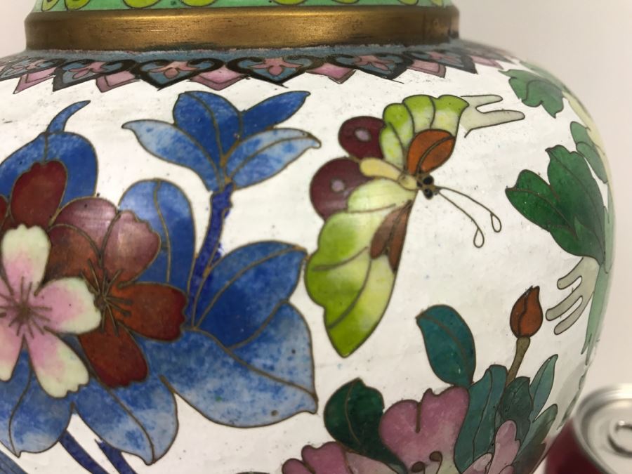 Large Vintage Chinese Cloisonne Vase With Wooden Stand [Photo 11]