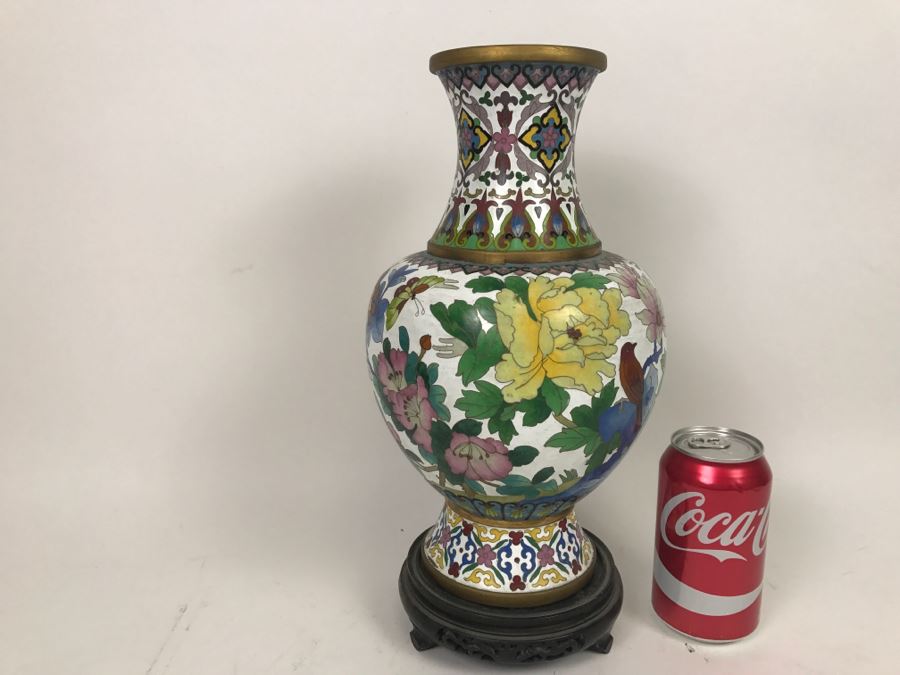 Large Vintage Chinese Cloisonne Vase With Wooden Stand [Photo 12]