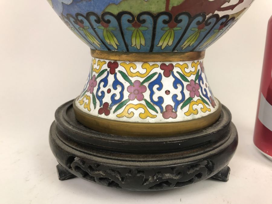 Large Vintage Chinese Cloisonne Vase With Wooden Stand [Photo 7]