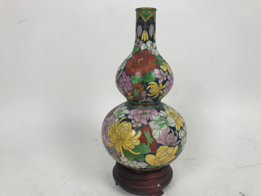 Vintage Chinese Cloisonne Vase With Wooden Stand [Photo 7]