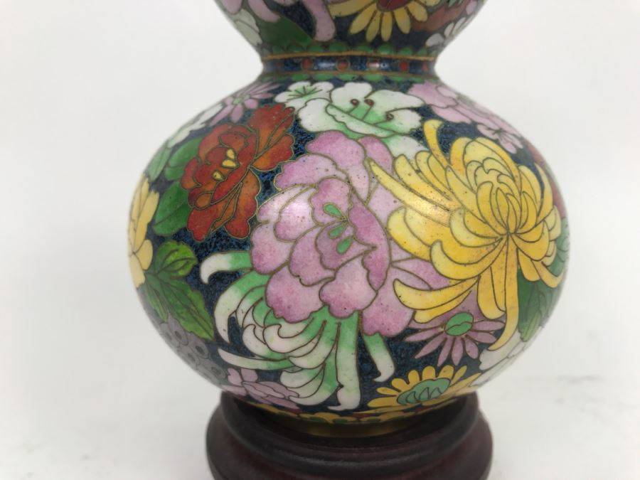 Vintage Chinese Cloisonne Vase With Wooden Stand