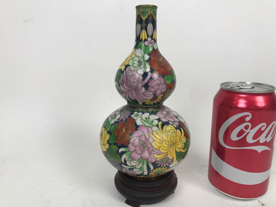 Vintage Chinese Cloisonne Vase With Wooden Stand