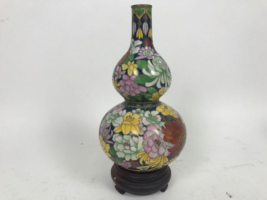 Vintage Chinese Cloisonne Vase With Wooden Stand [Photo 8]