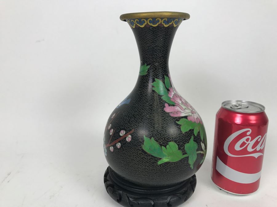 Vintage Black Chinese Cloisonne Vase With Wooden Stand [Photo 5]
