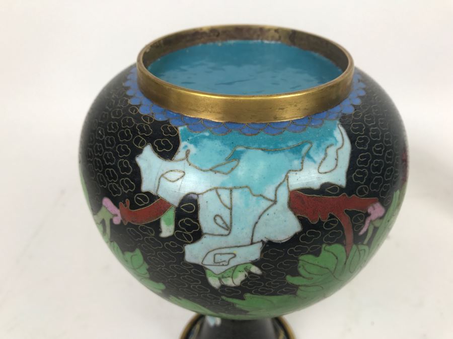 Vintage Black Chinese Cloisonne Vase With Wooden Stand [Photo 11]