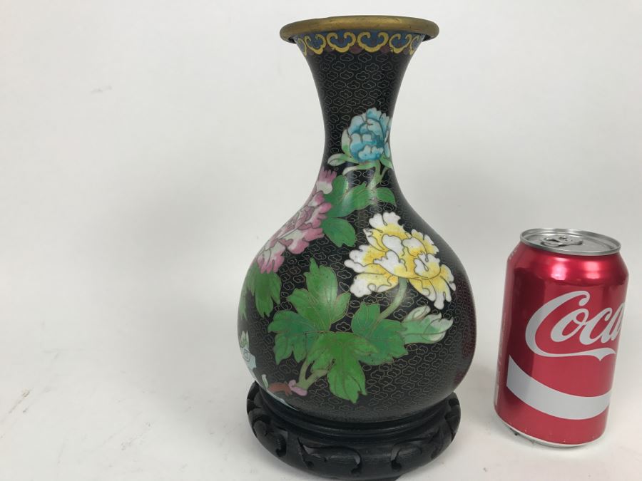 Vintage Black Chinese Cloisonne Vase With Wooden Stand [Photo 2]