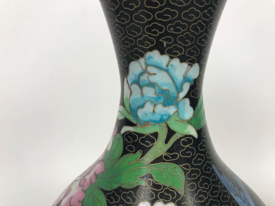 Vintage Black Chinese Cloisonne Vase With Wooden Stand [Photo 9]