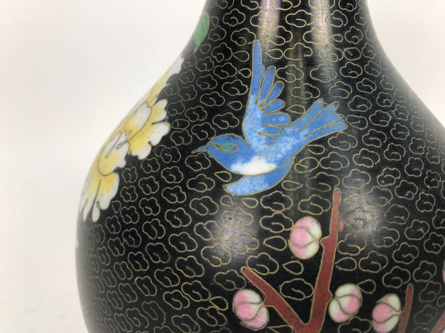 Vintage Black Chinese Cloisonne Vase With Wooden Stand [Photo 7]