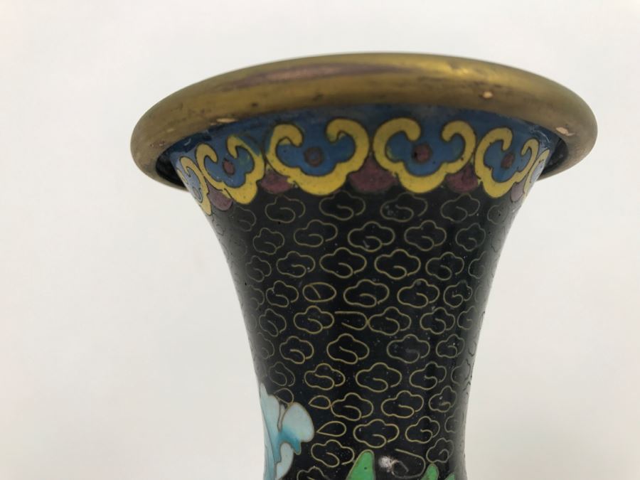 Vintage Black Chinese Cloisonne Vase With Wooden Stand [Photo 8]