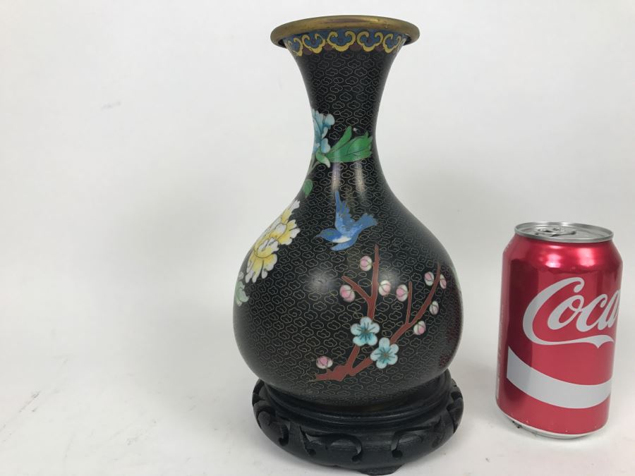 Vintage Black Chinese Cloisonne Vase With Wooden Stand [Photo 1]
