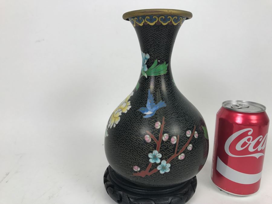 Vintage Black Chinese Cloisonne Vase With Wooden Stand [Photo 6]