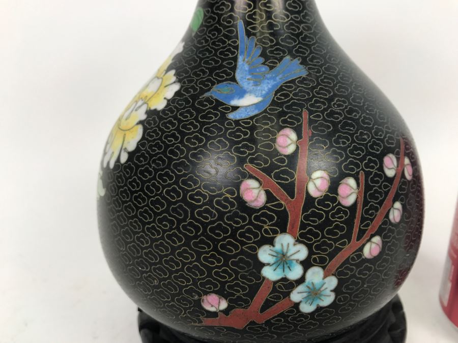 Vintage Black Chinese Cloisonne Vase With Wooden Stand [Photo 3]