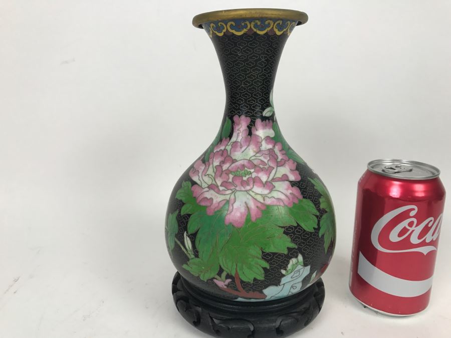 Vintage Black Chinese Cloisonne Vase With Wooden Stand [Photo 4]