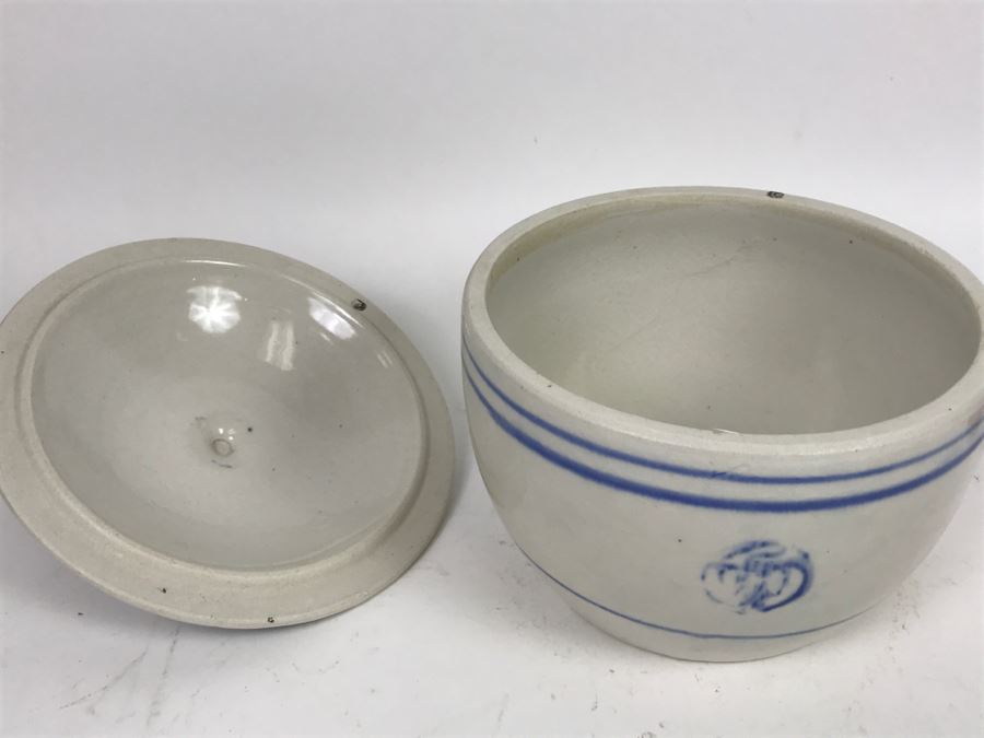 Vintage Blue And White Asian Stoneware Lidded Pot [Photo 10]