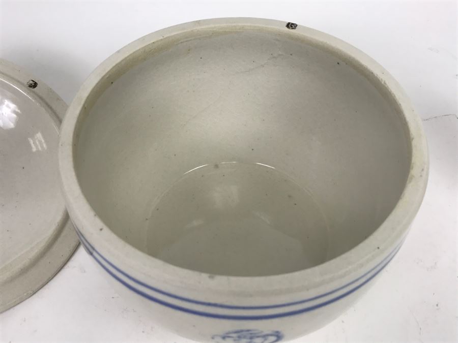 Vintage Blue And White Asian Stoneware Lidded Pot [Photo 11]
