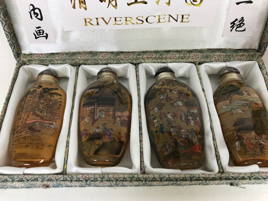 Set Of 4 Chinese Snuff Bottles Reverse Painted Riverscene River Scene In Box [Photo 5]