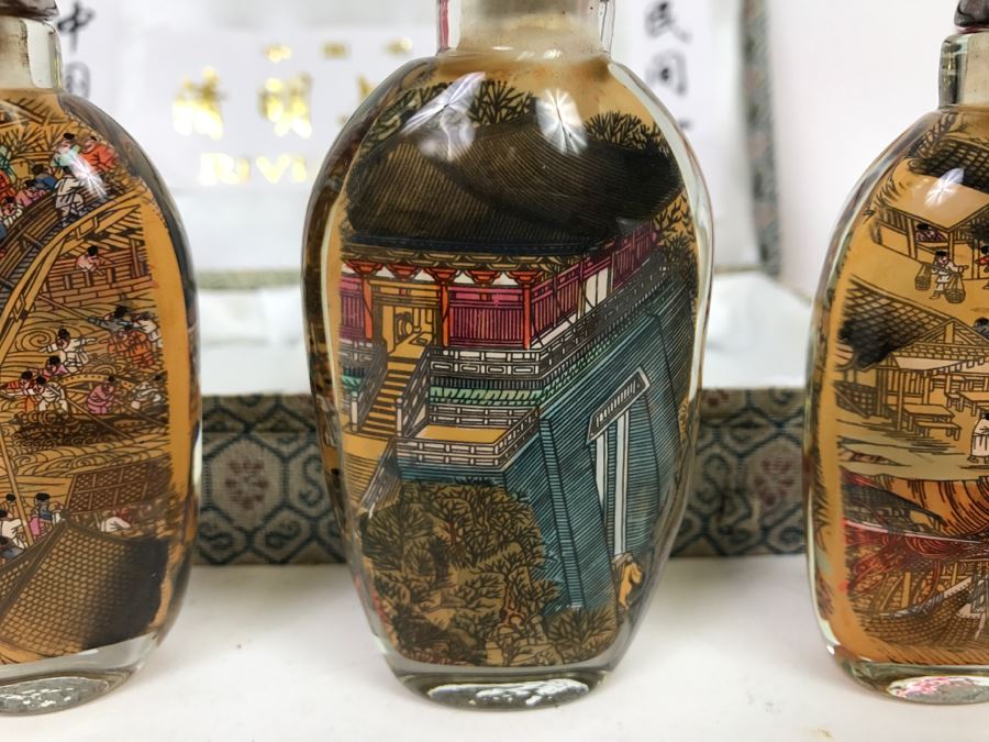 Set Of 4 Chinese Snuff Bottles Reverse Painted Riverscene River Scene In Box [Photo 14]