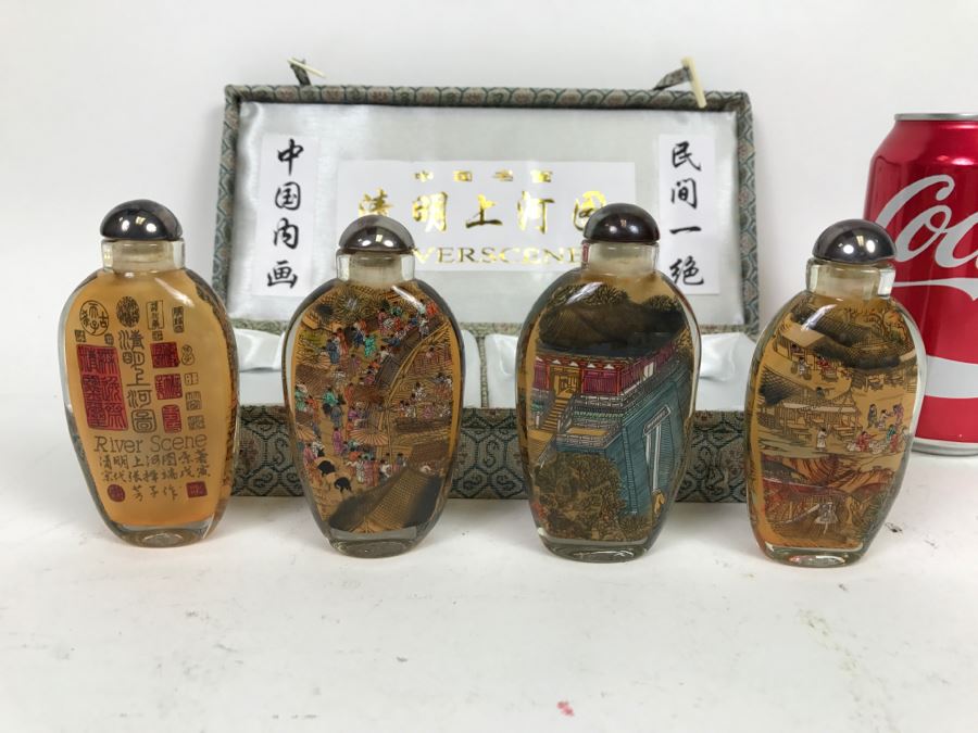 Set Of 4 Chinese Snuff Bottles Reverse Painted Riverscene River Scene In Box [Photo 2]