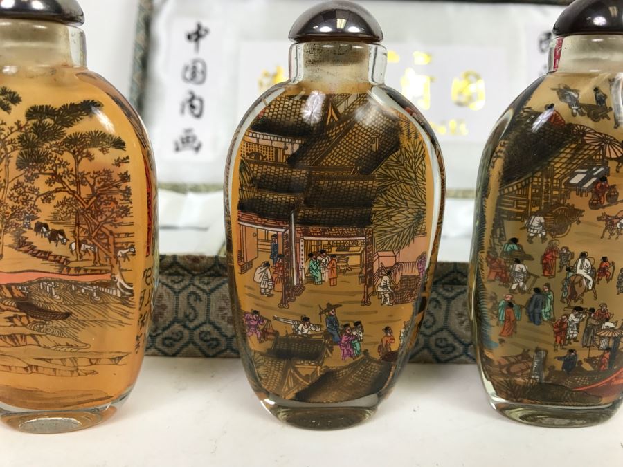 Set Of 4 Chinese Snuff Bottles Reverse Painted Riverscene River Scene In Box [Photo 8]